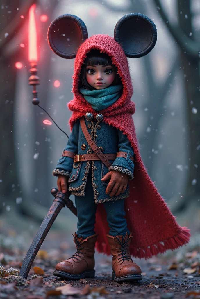 Imagem do filho da Cerise Hood e da Cedar Wood de Ever After High: A teenage boy, with brown hair with white streak, light brown skin,  dark brown eyes, red hood, hidden wolf ears, red and black outfit, with wooden elements in the clothes and a black boot