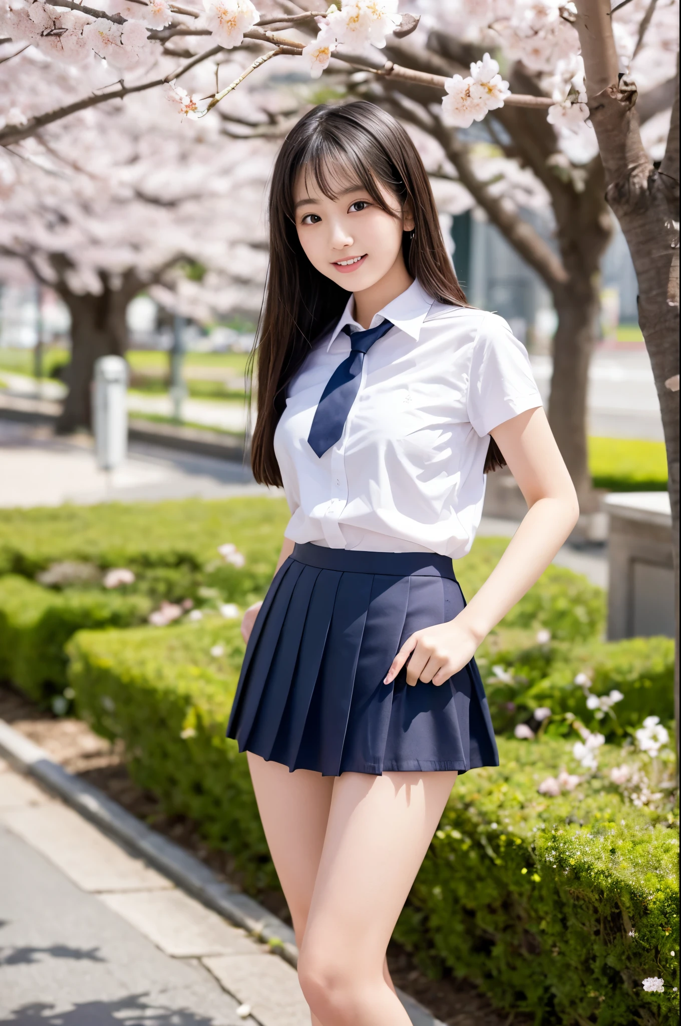 (masterpiece:1.2), super high quality, japanese girl, (super realistic), (super photographic style), 1girl, (), tits, (collashirt), (bow tie), (skirt), (short sleeves), smiling, socks, beautiful legs line, like a model style, grass, (kneeling),