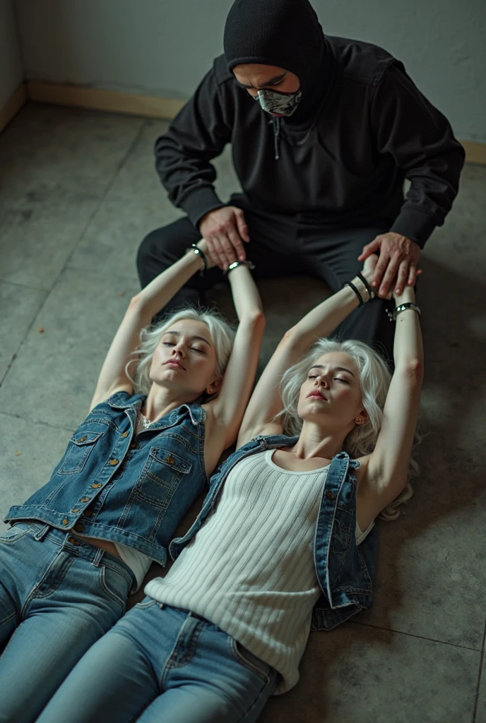 Create an anime image of a man with long white hair crouching down hugging a woman crying on the floor. The woman has very long hair spread across the floor. The woman is wearing a white, knee-length dress and the man is wearing a tank top and black jeans. They are in a dark laboratory and the man is hugging the woman tightly. Use anime or One Piece style