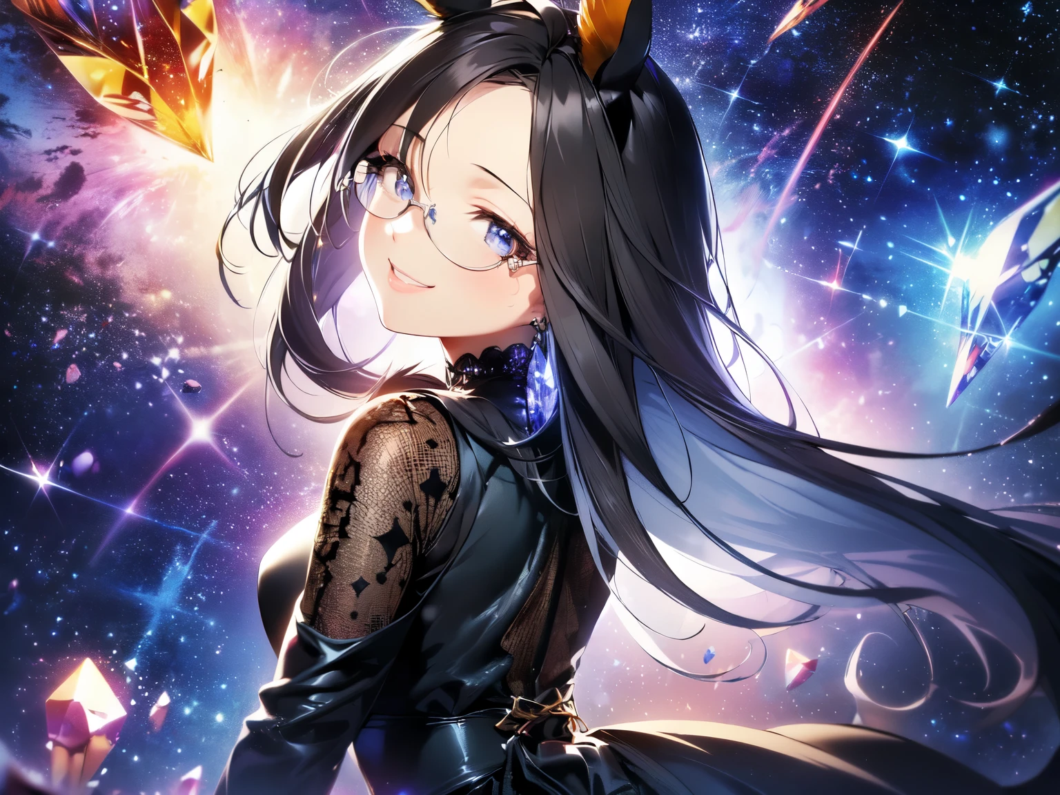 (Solo: 1.5), (Small: 1.5), (Horse ears: 1.5), (Small face, chubby: 1.5), (Breasts visible through clothes),(Looking at camera), (Arms between legs: 1.5), (Turning away: 1.5), (Smiling: 1.5), (Long black hair: 1.5), (Blue lace long sleeve dress: 1.5), (Black see-through lace pantyhose: 1.5), (Dark purple background, crystals, crystal space, starry sky: 1.5), (Strong wind), (Accurate anatomy: 1.5), (3DCG animation: 1.5), (Amazing, high quality, high resolution, best quality),(Close up of upper body from back)