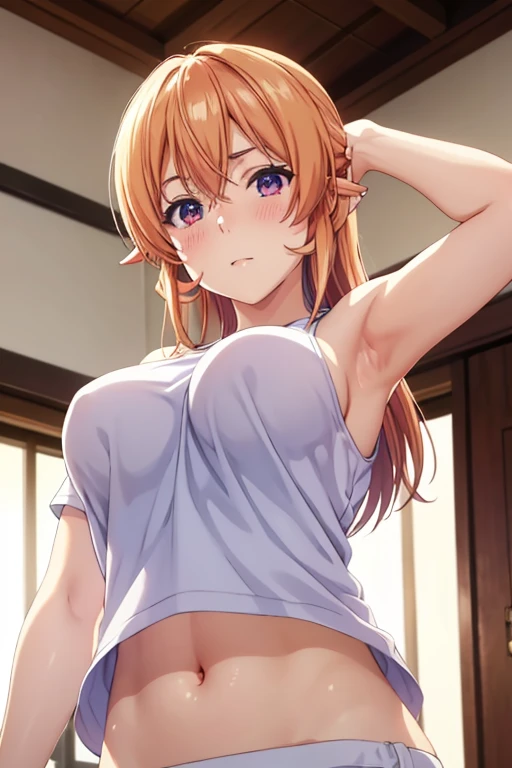 ((masterpiece,Highest quality:1.3,best quality illustration)),cowboy shot,1woman,16-year-old Japan beauty,((very small head:1.4)),short bob hair,bangs,(orange hair),brown eyes,gorgeous eyes,shy,Heavy breathing、medium breasts,((very long body)),(topless,nipples,navel、Light grey micro shorts、Loungewear),(toned body,slender body,skinny),gleaming skin,shiny skin,oily skin,sweat,Wet crotch、sitting,spread legs,Simple bed、Simple bedroom,simple hotel、Tokyo,nsfw,