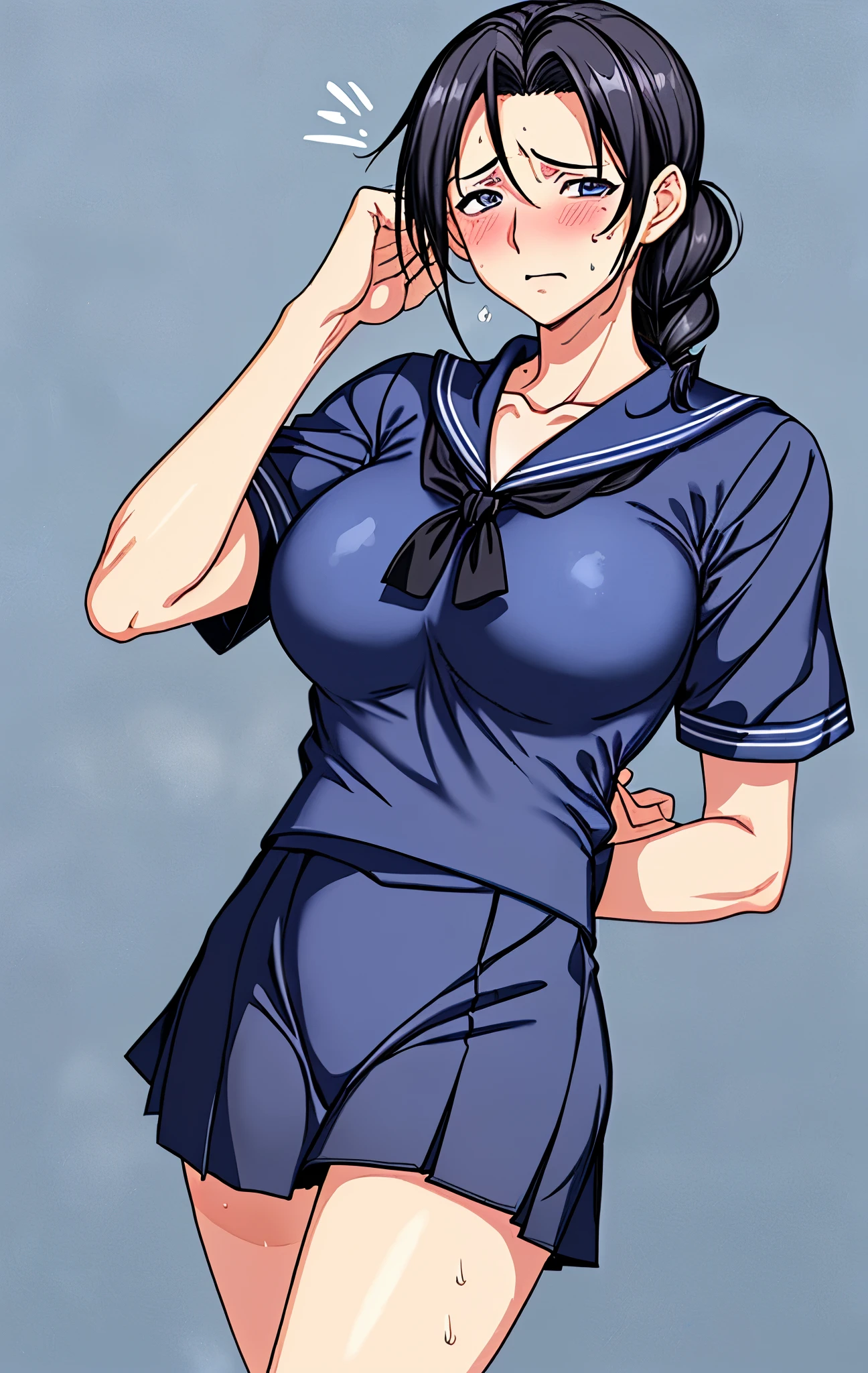 Age 50、mature woman、black hair、Hair tied up、Blue Eyes、My face is sweaty 、My arms and legs are sweaty、and my whole body is sweaty、very embarrassing look、Wearing a white and navy blue short-sleeved sailor suit、very short skirt、school background、