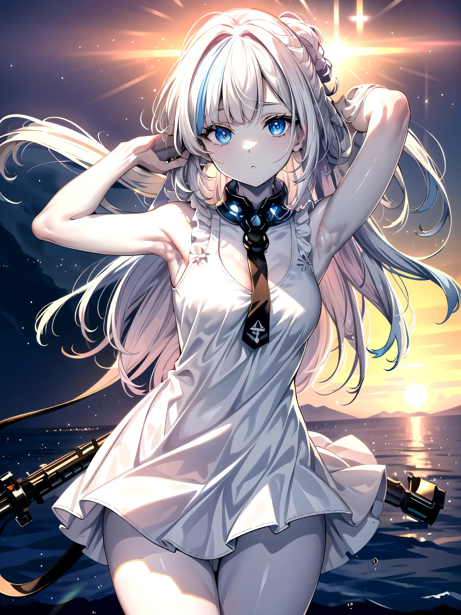 (((masterpiece, best quality, ultra high resolution))), (((wide shot))), 1 girl, standing, uniform, white office shirt, black pleated skirt, ((light brown hair:0.7)), Long Haircuts, pale skin,.(big sagging breasts:1.2). ((blue eye)), Shine_eye, neon eye, (ultra detailed eye, Beautiful and delicate face, detailed eye), ((subject placed in the center)), ((wide shot)), towards the viewer, eye線, (sunset background), Flat-chested, viewers, ((half closed eye)), ((perfect hand in h)), (((head:0.9, weapons, standing, Elbow, holes in my nose))), ((put hands around back)), empty eye, beautiful lighting, outside, 屋outside, shooting star:0.7, background, Defined Subject , huge hot sun, Age 25