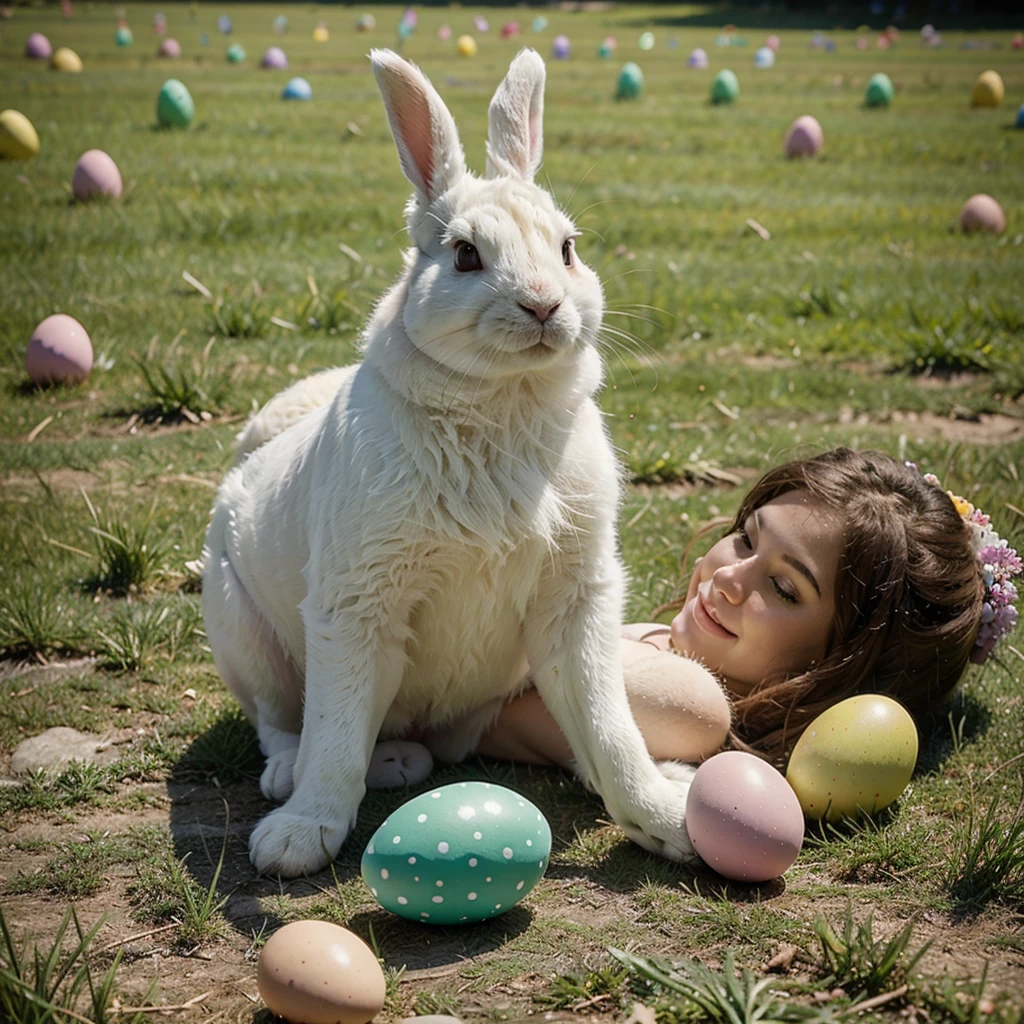 giant easter bunny costume monster carries pregnant faint limp topless beautiful horny aroused bikini young teen girl in his arms embrace sitting on lap kissing