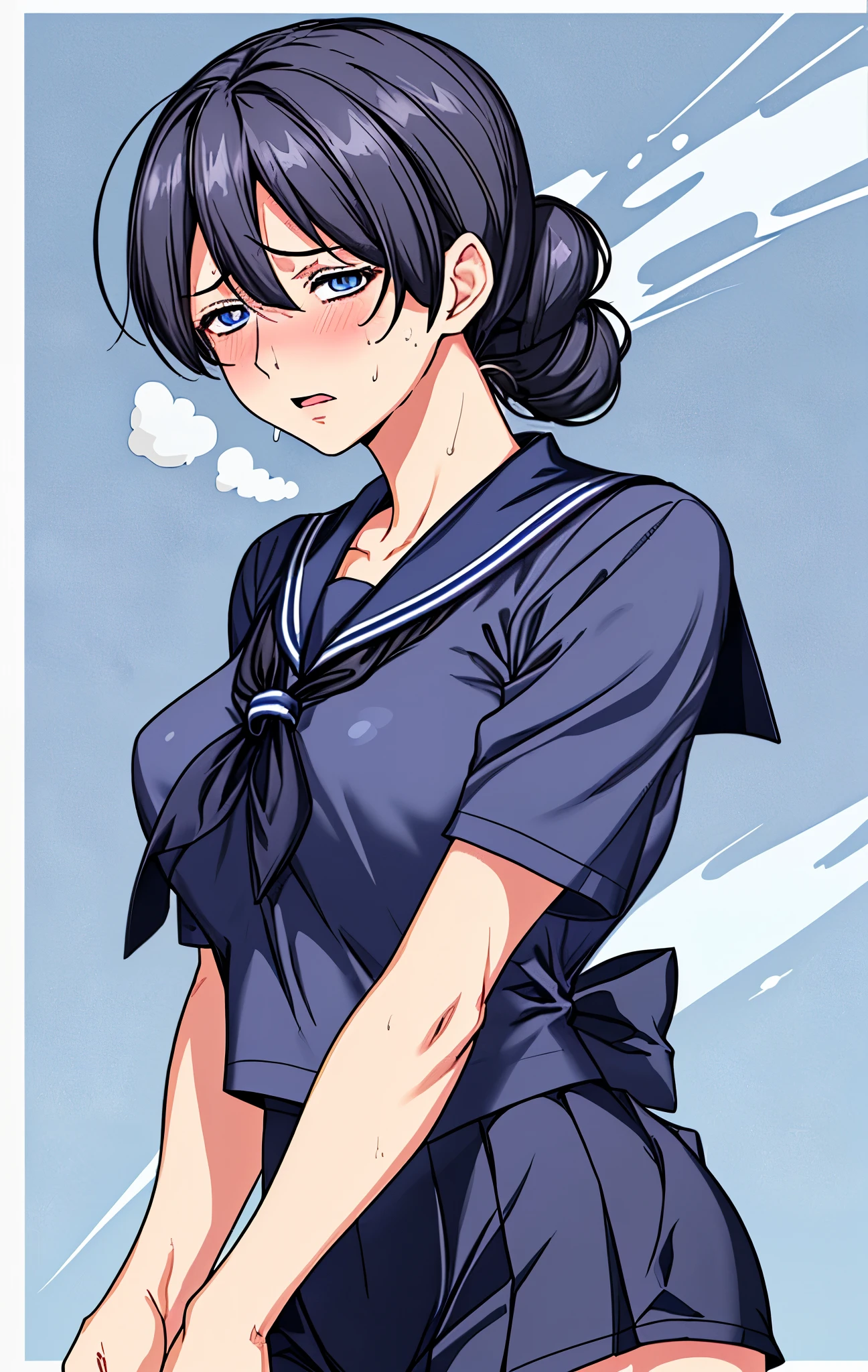 Age 50、mature woman、black hair、Hair tied up、Blue Eyes、My face is sweaty 、My arms and legs are sweaty、and my whole body is sweaty、very embarrassing look、Wearing a white and navy blue short-sleeved sailor suit、very short skirt、school background、