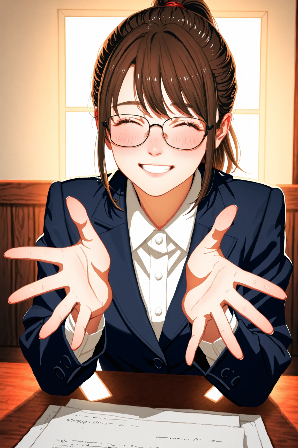 Browsing Caution,No correction,(Highest quality,masterpiece:1.3),Confused,High resolution,16K, 超High resolution, Official Art,shape,Very detailed,Anime Color,Perfect hands, Perfect Fingers, Perfect Legs),Cowboy photographed from the front:1.0),Cowboy Shot,From the side,One girl,solo,Idol Master, (((Ritsuko Akizuki))), (19 years old,beautiful girl,pretty girl),(((Beautiful dark brown eyes))),(Beautiful dark brown hair), (((Semi-long hair))),(ponytail),(Wet Hair), (Wet Skin),((Glasses:1.5)),(Sweat),(vapor),(Flat Chest,Medium Bust),OL, Akagi Glasses, Black suit jacket, Collared jacket, White dress shirt, Collared shirt, Neckline, button, Black Pencil Skirt, Black Pantyhose,Stiletto heels,((Open clothes)),,,((Green bra,Green panties)),slip,No makeup, Sweaty body),(Beautiful Eyes, Shining Eyes), ((Big eyes)),(Big smile),(Embarrassing),((Close one eye)),(Open your mouth),((Sticking out tongue)),(Take a deep breath),(Blushing),(Happy), (Blowjob, deep throat:1.4), saliva, (Brown pubic hair:1.5), 1200 bytes, Man juice drips, (Sex,dorsal position),(Tall Man:1.2), (penis:1.2), (girl hold a penis:1.4), Heterosexual, (Ejaculate:1.2), looking at penis, indoor, One girl have kneeling,office,at night,(Female dog),(Commemorative photo:1.5),(Voice of the Heart:1.7),(peace sign:1.5),(View the viewer),(ID card:1.5),