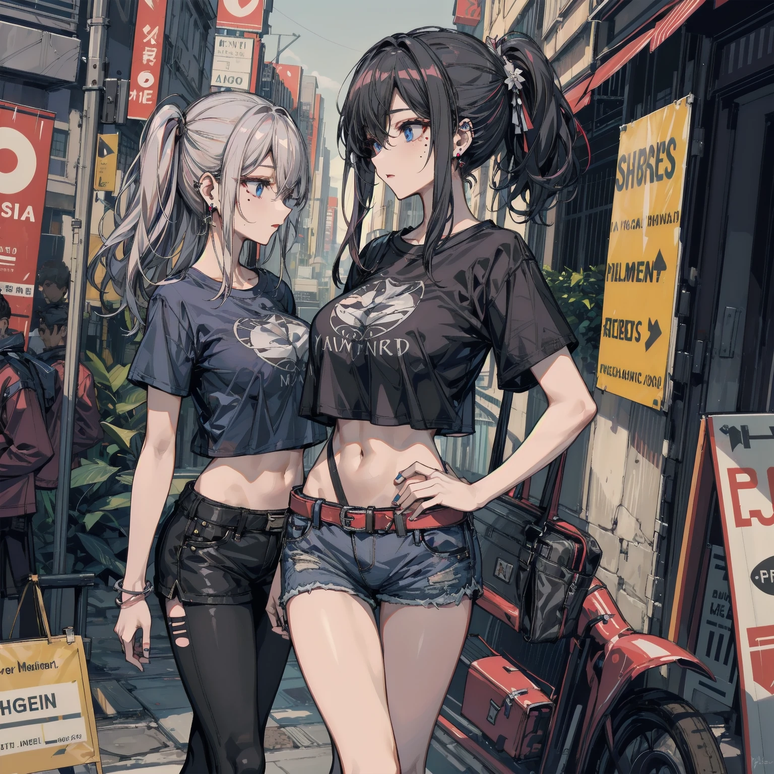 ((1girl)), one beautiful girl, detailed beautiful hair, detailed beautiful eyes, long white hair, blue eyes, small breasts, loose unzipped leather jacket, white bra, tight white shorts, standing on sidewalk, evening, nighttime, night, city lights, big city, cyberpunk city, rain, soaking wet, standing, cowboy shot, cinematic lighting, dramatic lighting,