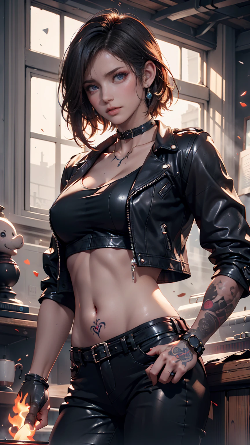 (masterpiece, best quality), 1girl, 26 year old woman, tan-bronze skin, yellow eyes, medium breasts, hourglass figure, athletic, blushing, snarky expression, she's adventitious and thrilled, wide smile, short hair, black hair, bangs, mascara, red lipstick, ((Wearing red biker jacket, cropped red leather jacket, strapless red top, black leather pants), tight fitting clothing, cleavage, midriff, at rave, nightclub, heavy makeup, kissable lips, punk, punk style, punk hair, dancing,