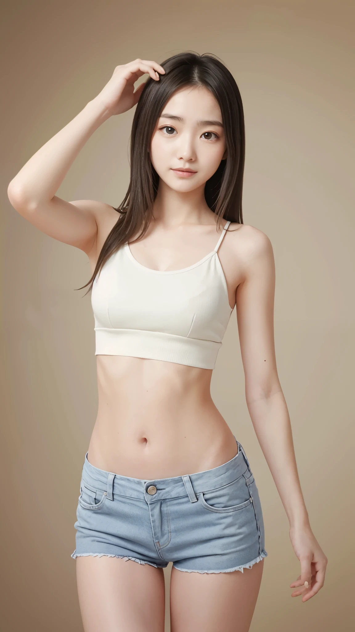 ((Realistic lighting, best qualtiy, 8k, masterpiece:1.3)), Skinny Japanese woman, 30 years old, 1girl, Perfect Figure:1.4, Slim abs:1.1, small breasts, very thin waist, ((dark brown hair)), (White crop top:1.4),(exteriors,during night:1.1),Sit on the indoor bed,detailed face,detailed eyes,double eyelid