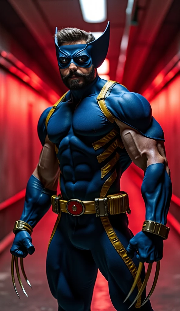 A realistic 3D male model in full body composition, wearing a full body hero suit and cape in the pattern of a professional baseball uniform, a very short haired, crew cut, cool, dandy-like, veteran-aged man with a shiny, sparkling blue cape that is longer than his body, gloves and a cap are always worn, an original hero, only the eyebrows, eyelashes and eyes are visible, his mouth is bandaged and sealed, the upper half of his face is bare with a sharp gaze, he has six pack abs, a muscular macho man with a sturdy body, he has both legs closed, his hands are clasped behind his back in an X shape, his whole body is bound and sealed with duct tape and he is held down. He has collapsed from exhaustion and is sleeping with his eyes closed. A coat of arms, in a dark room background, his whole body facing forward, backward, left and right (north, south, east and west), an image of him being restrained and mummified.