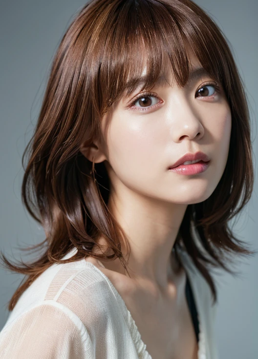(Highly realistic photos, High resolution, detailed face, fine eyes), ((Taken in front of a white wall))、japanese woman, 40 years old, Variety of facial expressions, alone:1, slim figure, different hairstyles, casual clothes, Only one person appears in the photo、long sleeve dress、Shot in natural light、simple necklace、Spring clothes、Don't look at the camera、profile、Dark brown hair color、bob hair