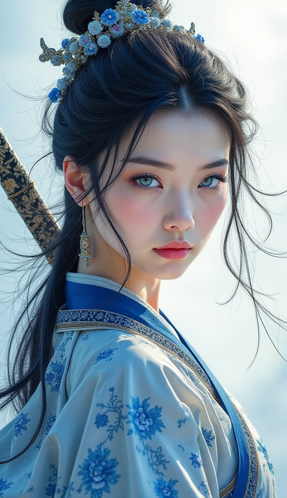 A stunning Chinese-style female warrior in ancient attire, with icy ...