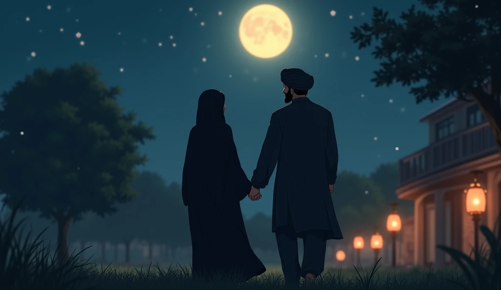 A Muslim ladies talking a man in forest night