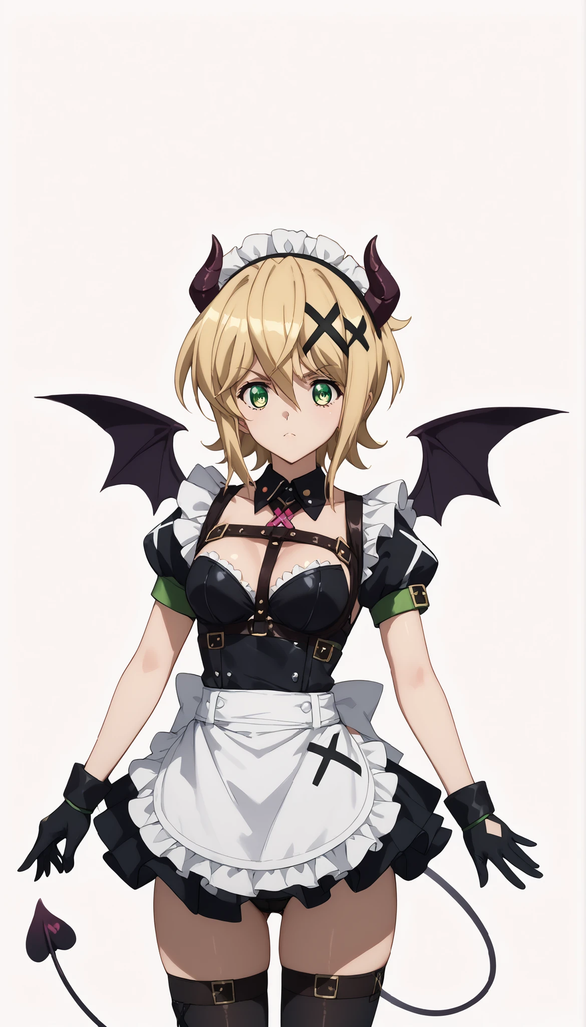 Akatsuki_Kirika、Blonde hair, green eyes, short hair, x hair ornament、Shiny Hair、Tight waist、Small waist、Glowing Skin、ruanyi0872,belt,black gloves,black thighhighs,chest harness,demon girl,maid,black panties,demon wings,apron、eight-headed body、Beauty、
