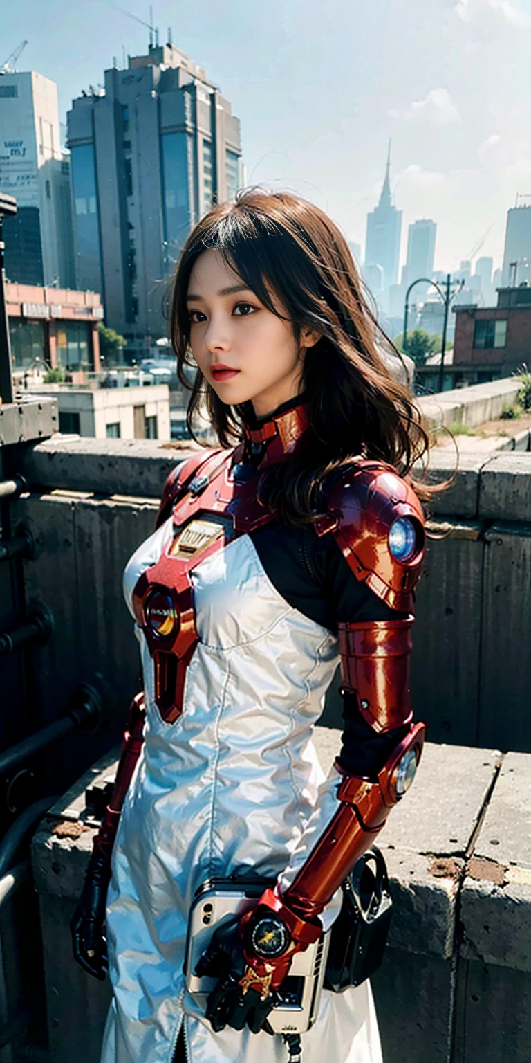 RAW, Masterpiece, Ultra Fine Photo,, Best Quality, Ultra High Resolution, Photorealistic, Sunlight, Full Body Portrait, Stunningly Beautiful,, Dynamic Poses, Delicate Face, Vibrant Eyes, (Side View) , she is wearing a futuristic Iron Man mech, red and gold color scheme, highly detailed abandoned warehouse background, detailed face, detailed and complex busy background, messy, gorgeous, milky white, high detailed skin, realistic skin details, visible pores , sharp focus, volumetric fog, 8k uhd, dslr camera, high quality, film grain, fair skin, photorealism, lomography, sprawling metropolis in futuristic dystopia, view from below, translucent