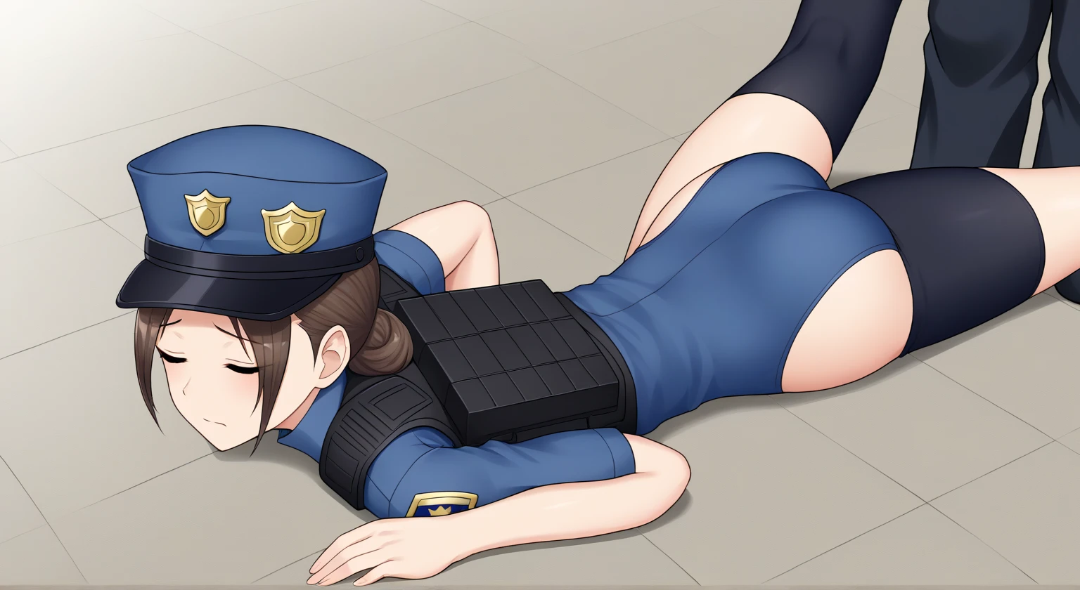 Close-up shot of a sexy woman, Gorgeous with captivating eyes and perfect makeup, radiant childhood friend, emphasized by police uniforms, Show off your sexy figure with big thighs and wide hips, provocative. tie (Shibari, tay bị tie sau lưng: 1,5), (Shibari: 1,21), Bị tie, chân bị tie, gag with drool ball,wearing big red ballgag glasses, in car, green rope