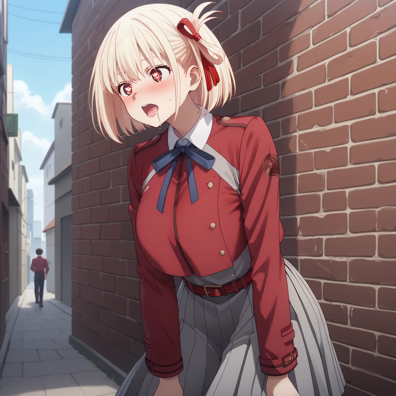 chisato nishikigi, short hair, bangs, Blonde, (Red eyes:1.5), hair ribbon, One side up, Bobcut, break shirt, Long sleeve, dress, ribbon, White shirt, Collared shirt, belt, neck ribbon, red dress, blue ribbon, pleated dress, grey dress, two-tone dress, red belt, uniform, break outdoors, city, break looking at viewer, (Cowboy Shot:1.5), break (masterpiece:1.2), Highest quality, High resolution, unity 8k wallpaper, (figure:0.8), (Beautiful attention to detail:1.6), Highly detailed face, Perfect lighting, Highly detailed CG, (Perfect hands, Perfect Anatomy),troubled, panic,((blush))、((Open your mouth))、(((Desperate face))),(pose squating),((Wet crotch)), (((Peeing)))、Touching the groin、((Be incontinent))),I want to pee、Pinch the crotch with your hands, crumples the hem of the skirt with his hands, Knees together, bladder full, terribly wants to go to the toilet, Anatomically correct,