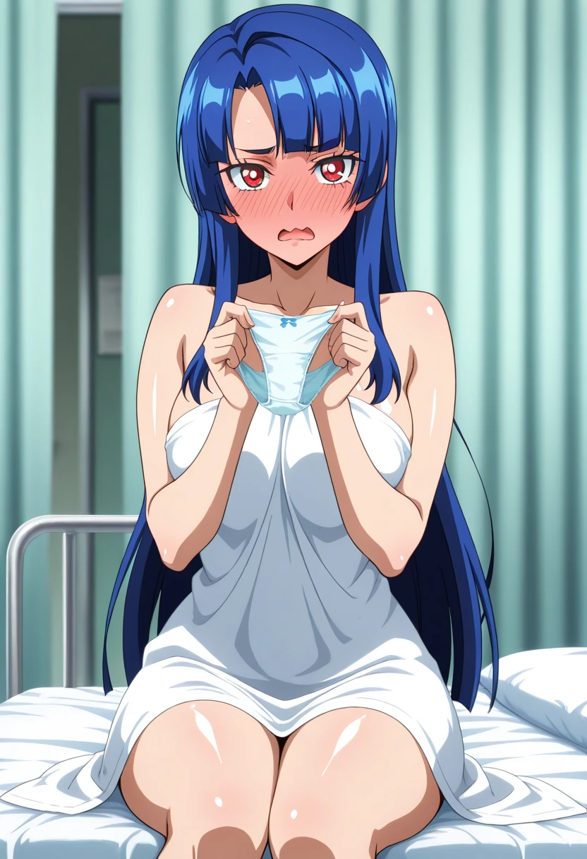 1girl, nsfw, furuderika, long hair, purple eyes, blue hair, blunt bangs, empty eyes, large breasts, nipple, Walking, Hospital, frozen, wet, crying, Naked, (1girl) , solo, Blank look, Peeing, lactation, projectile lactation