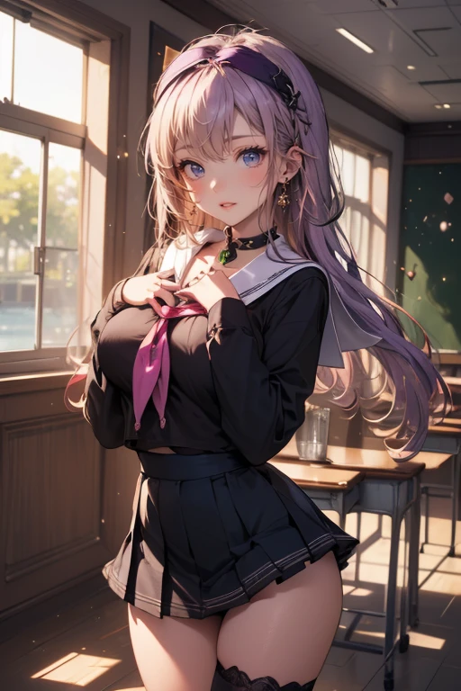 masterpiece, best quality, high_resolution, finely detailed, extremely detailed and beautiful, 1 girl, purple twintails, (purple eyes), sensory garden, blazer, delicate_gold_anklet, pink high heels, earrings