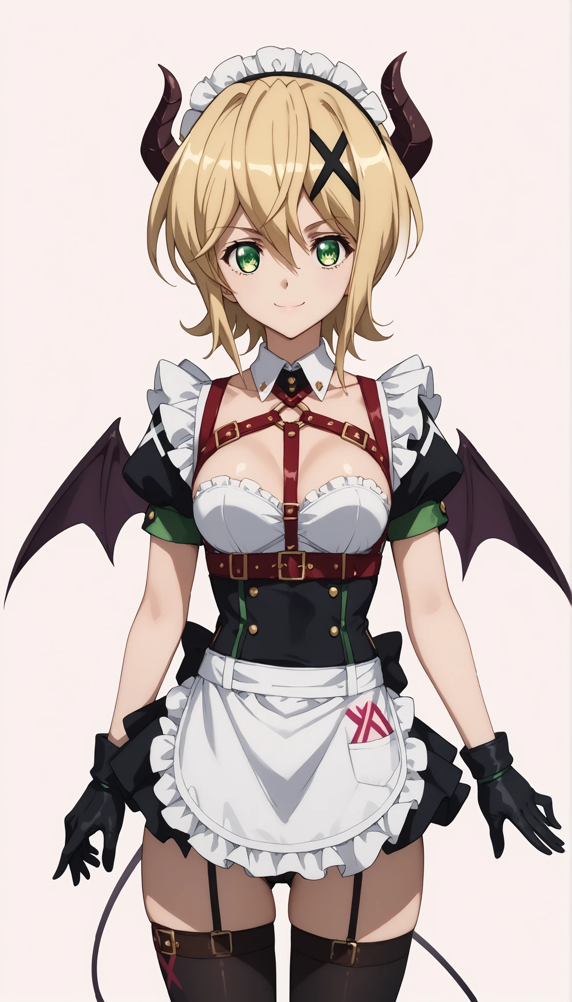Akatsuki_Kirika、Blonde hair, green eyes, short hair, x hair ornament、Shiny Hair、Tight waist、Small waist、Glowing Skin、ruanyi0872,belt,black gloves,black thighhighs,chest harness,demon girl,maid,black panties,demon wings,apron、light smile、bedroom background、eight-headed body、Beauty、