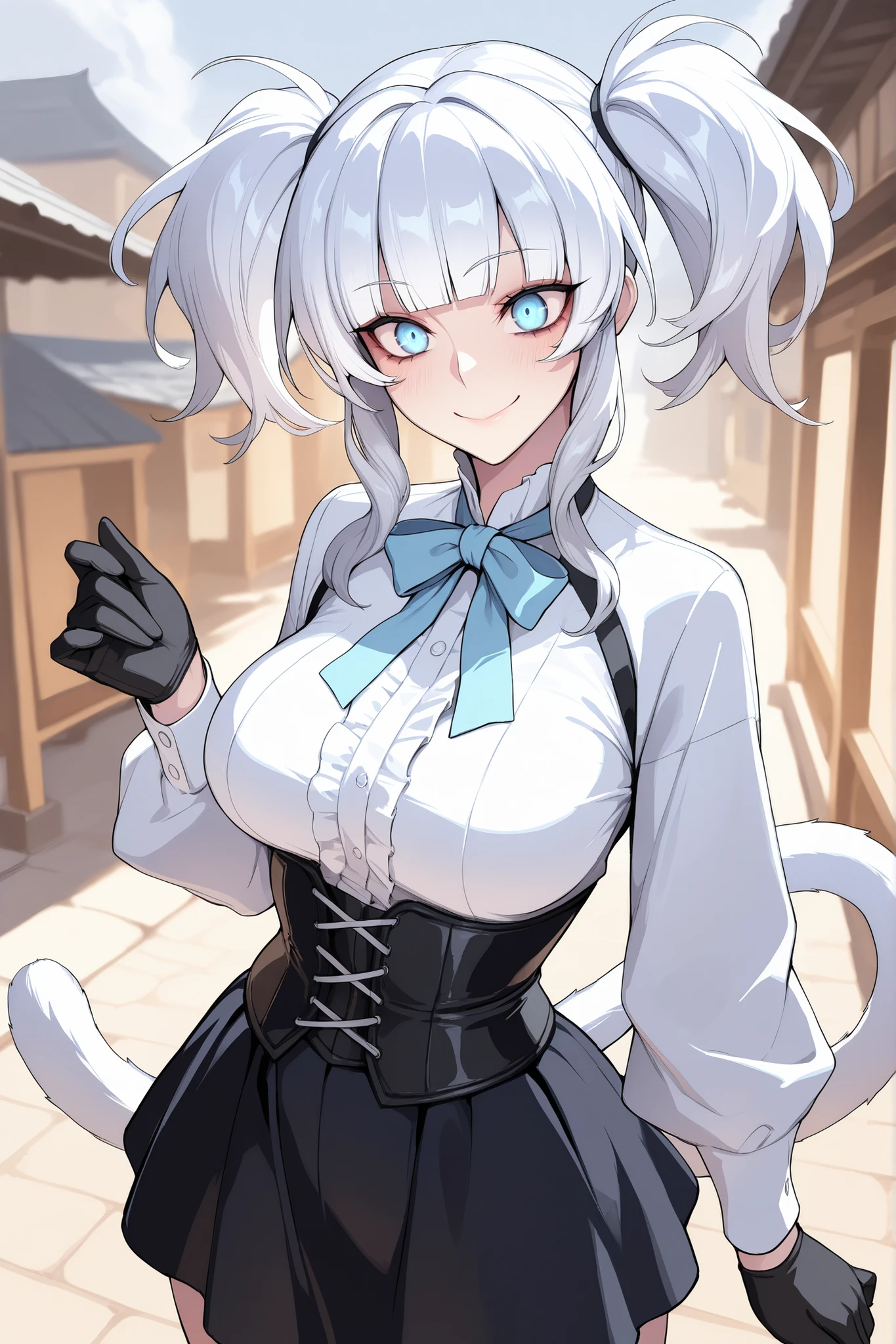 absurdres, (((Ultra HD))), (((Ultra High Quality))), ((hyper detailed)), ((Ultra High Resolution)), (Highly rendered), ((detailed eyes)), (((8K))), ((perfect face)), ((masterpiece)), cinematic, darkened, solo, 1girl, young, thin, short, short height, white hair, twin tail hair, blunt bangs, smile, blue eyes, medium breasts, white monkey tail, white blouse, blue bowtie, long sleeves, black gloves, black corset, skirt, frills, town background