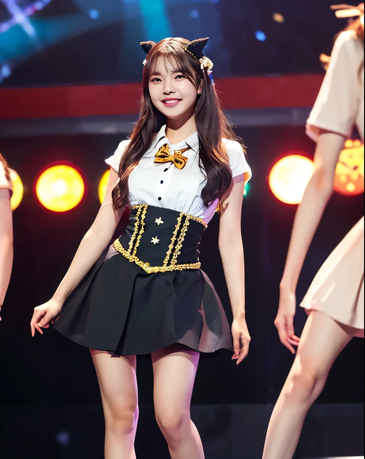 (best quality,masterpiece,super high res at the bank 1.3),(photo realistic1.3),smile,idol costume,on stage,full body