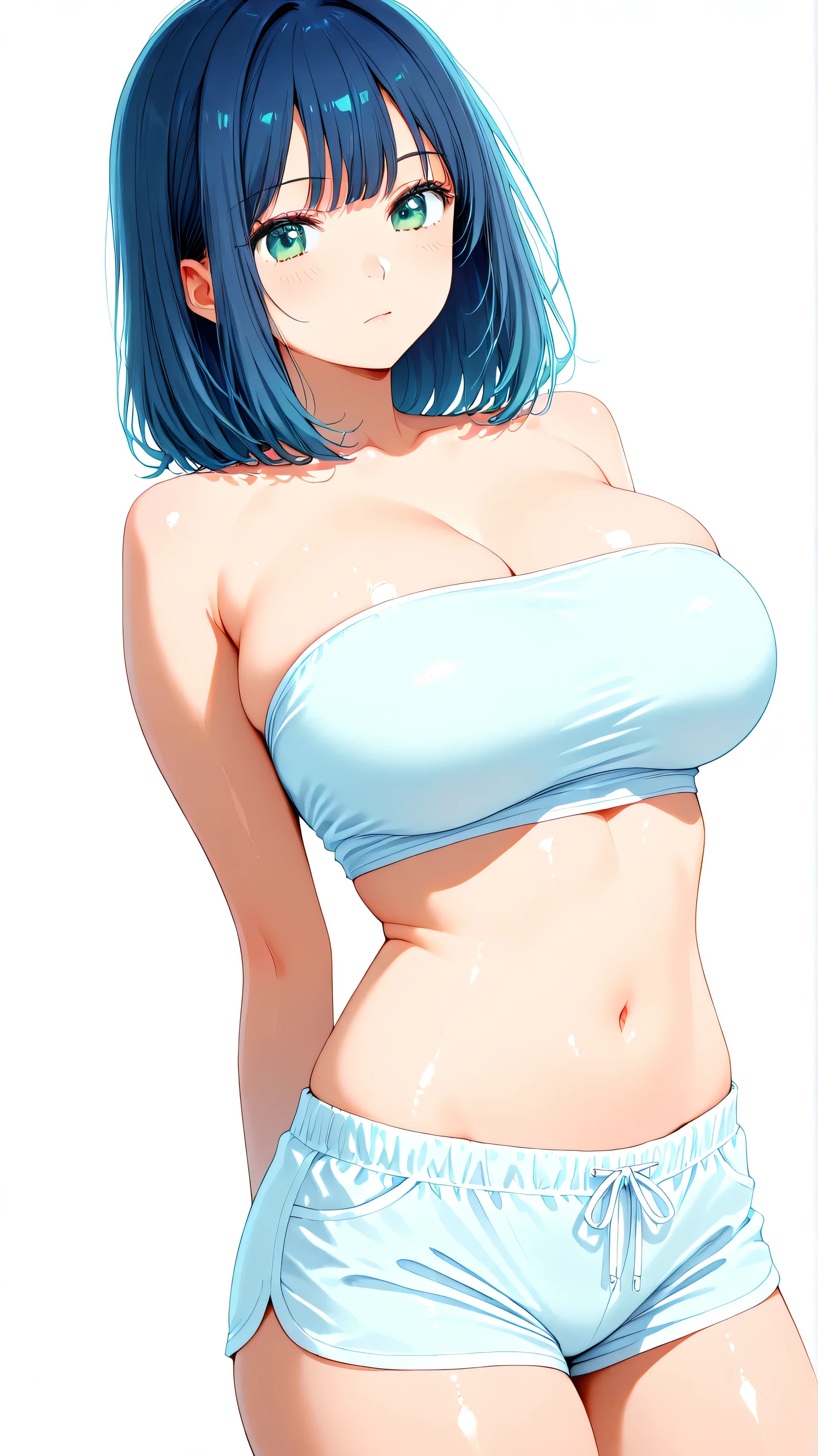 cute girl . Akane Kurokawa, Very kawaii , round face . Green eyes, blue hair, medium hair, dark blue hair, alone , Slim , huge breasts , short and small . shiny skin . Pure white tube top. Whitw shorts . dynamic angle . No background , White background , looking at the viewer