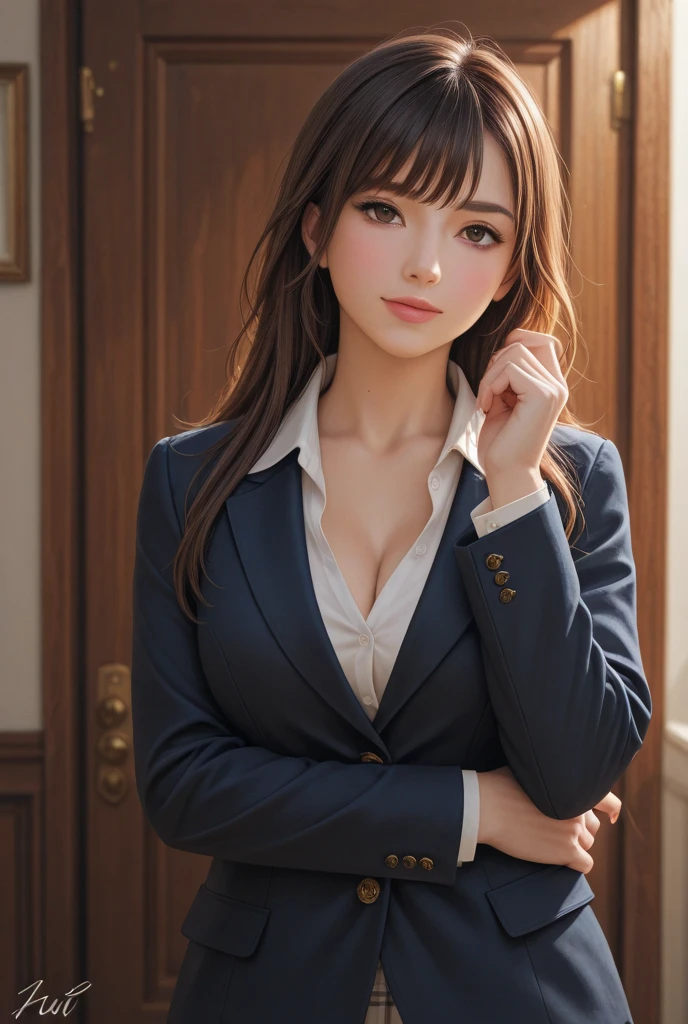 (UHD, retina, masterpiece, accurate, anatomically_correct, textured_skin, super_detail, high_details, high_quality, best_quality, high_res, 1080P, HD, 4K, 8k, 16k), (beautiful_detailed_eyes, beautiful_detailed_lips, extremely_detailed_eyes_and_face), soft_lighting, physically-based_rendering, vivid_colors, (large_breasts:1.5), (shiny_hair, shiny_skin, tanned_skin, blush), (bangs:1.5), eye_reflection, (bokeh), semi-profile_view, smile_and_laugh, (blazer, shirt, businessskirt, tights, sit:1.5), from above,