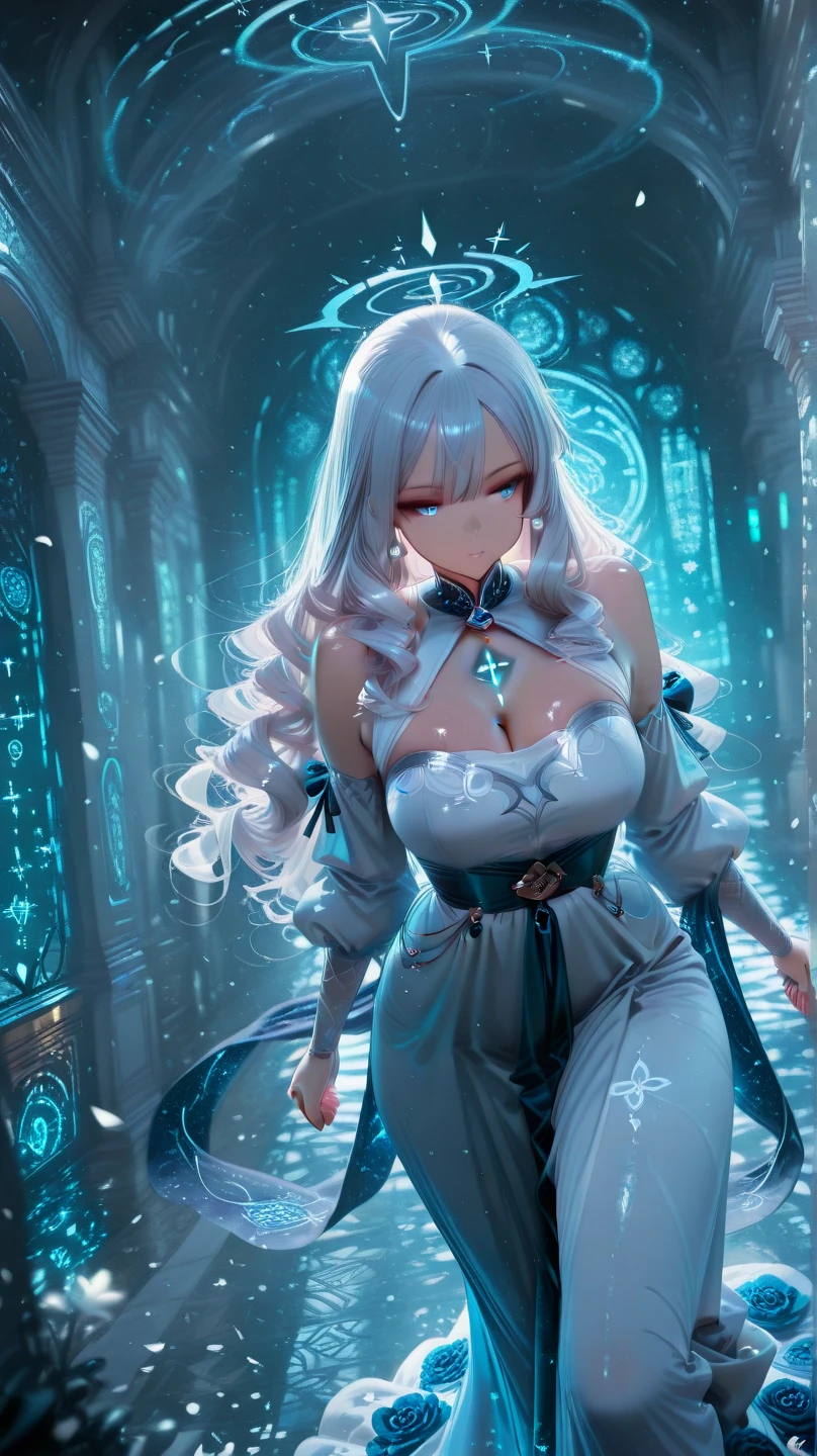 ((upper body)), best quality, masterpiece, a Japanese woman with ((Luminescence white hair)), ((detailed pearl blue eye)), high detailed goddess soul, focus on character, solo, (style swirl magic), solo, from front, front view, looking at viewer, detailed face, ((Luminescence Lighting Magic Circle theme)), perched on a ledge, tight neon body, light streaks, dark abyssal wanderer abstract, ((Simple Luminescence Neon Gown)), inscribed with mystical runes, outdoor dystopian background,