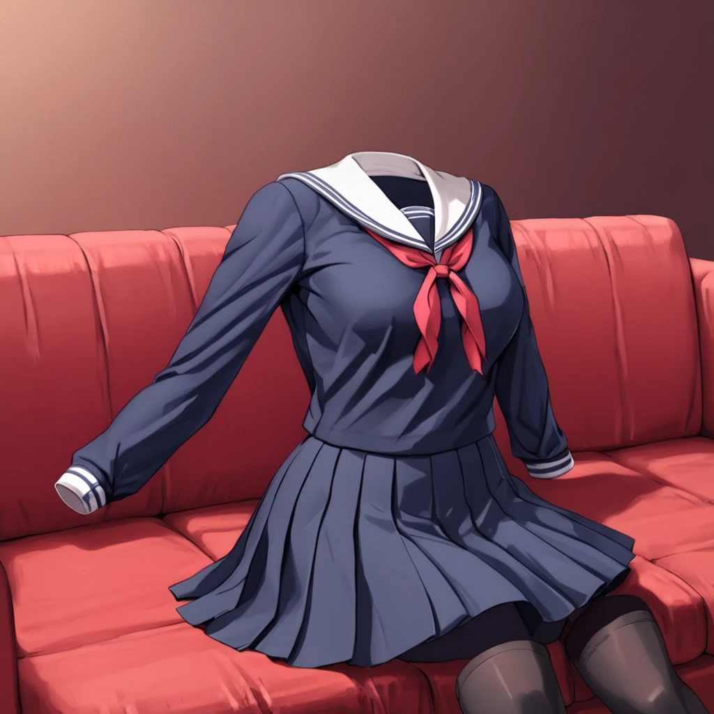 (invisible:1.5, no humans:1.5, headless:1.5, faceless:1.5), (sailor school uniform, long sleeve, futanari, on sofa:1.2), (big breast), detailed cloth texture, detailed anime, super fine illustration