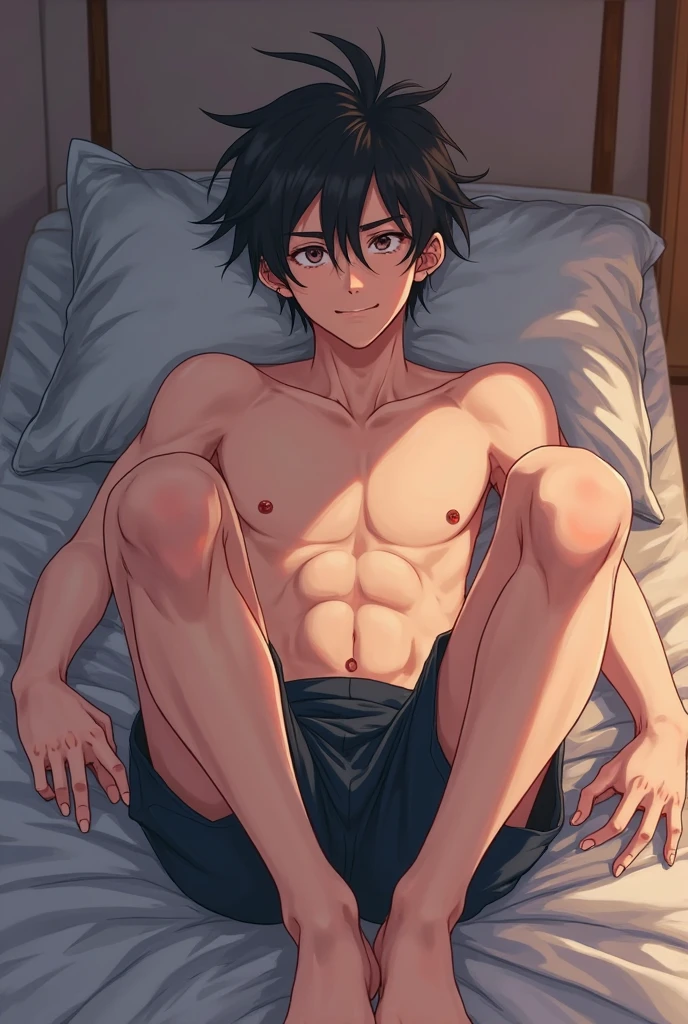 cute Asian boy, eight-pack abs teen, bodybur, muscle boy sleeping unique bed, unique bun hair slicked back
