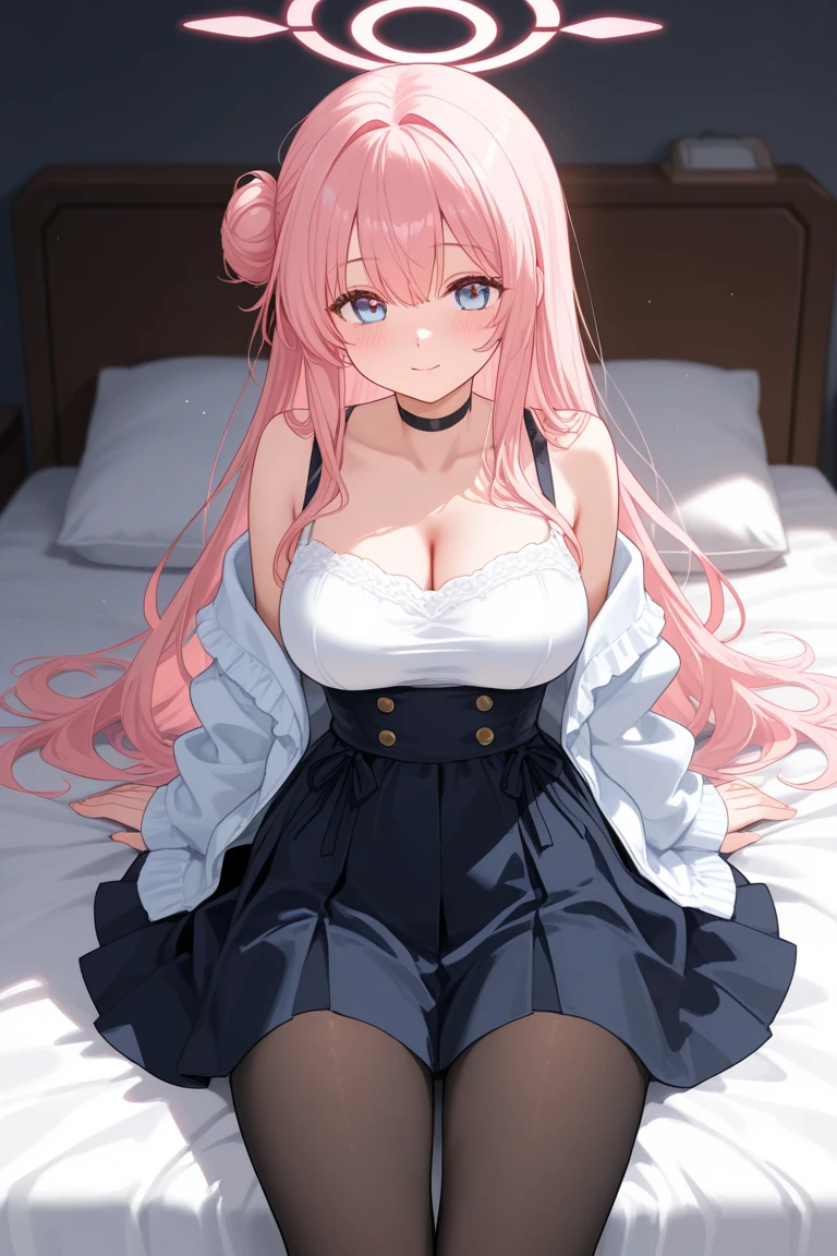 masterpiece, best quality, highres, chika1, fujiwara chika, night dress, lace lingerie, breast out, red ribbon, blunt bangs, neck ribbon, collarbone, collared dress, large breasts, smile, bed, bedroom, sexy pose, sit, spread arm,