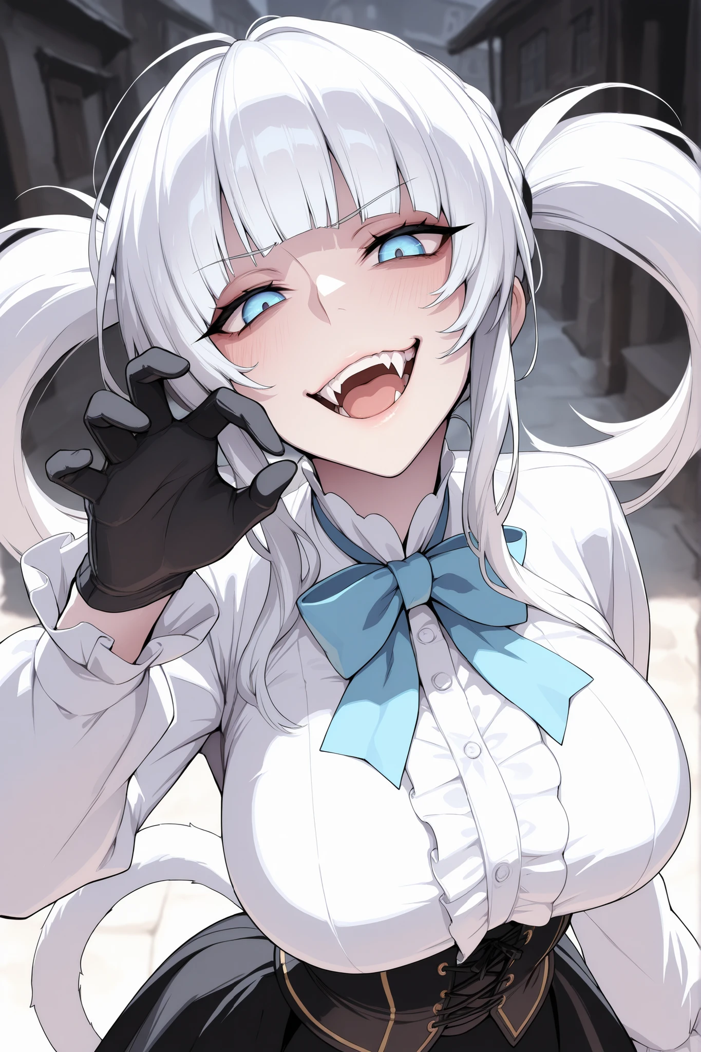 absurdres, (((Ultra HD))), (((Ultra High Quality))), ((hyper detailed)), ((Ultra High Resolution)), (Highly rendered), ((detailed eyes)), (((8K))), ((perfect face)), ((masterpiece)), cinematic, darkened, solo, 1girl, young, thin, short, short height, white hair, twin tail hair, blunt bangs, wide smirk, open mouth, fangs, blue eyes, medium breasts, white monkey tail, white blouse, blue bowtie, long sleeves, black gloves, black corset, skirt, frills, town background
