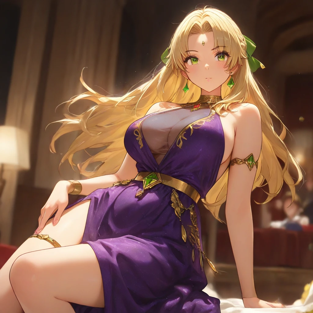 ((Highest quality)), ((masterpiece)), (detailed), (Perfect Face)、The woman was a tiare with green eyes and medium-long blonde hair, and was wearing a luxurious, shiny, gold-colored, long-slit see-through dress with gorgeous embroidery and trim, which allowed her skin to show through, a gold-colored see-through cape, and a gold-colored see-through veil. She was wearing a gorgeous jeweled hair accessory, a jeweled head dress chain, a jeweled waist chain, a gorgeous necklace, bracelets, ankle bracelets, jeweled earrings, and shiny gold boots. She was also wearing an engagement ring.、The woman is in a luxurious room.