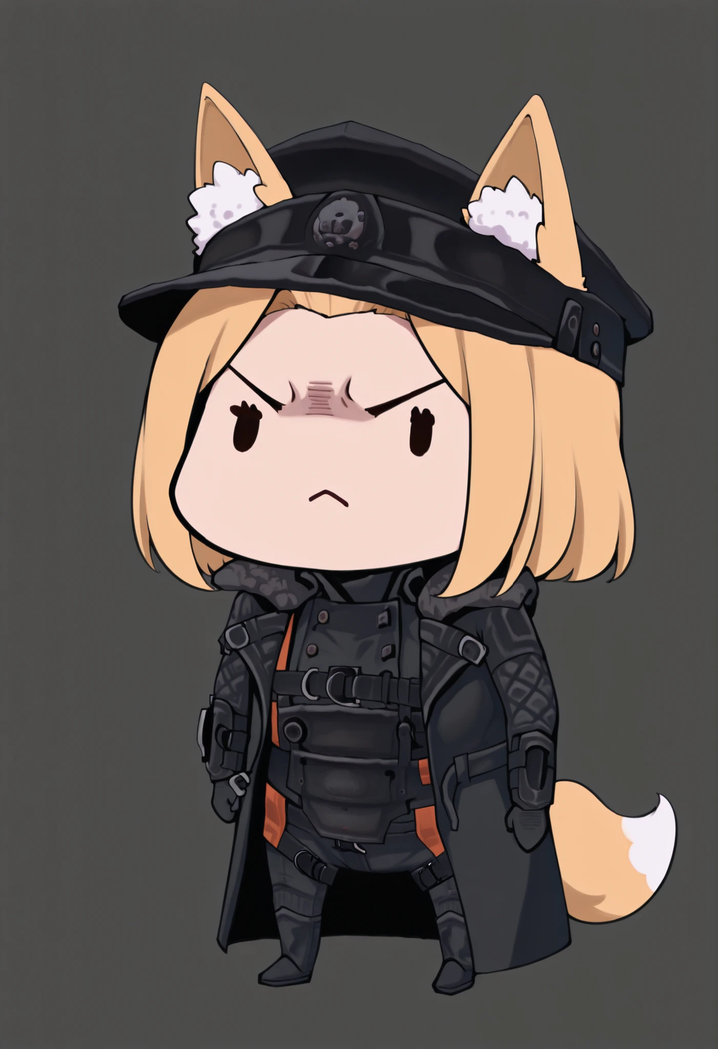 masterpiece, best quality, 1girl, solo, ((testgirl)), animal ears, fox tail, black cap, black clothes, blond, chibi, dot eyes, ((angry)) , fack hand, simple gray background, white background, (bare forehead), ((shaved temples:1.3))