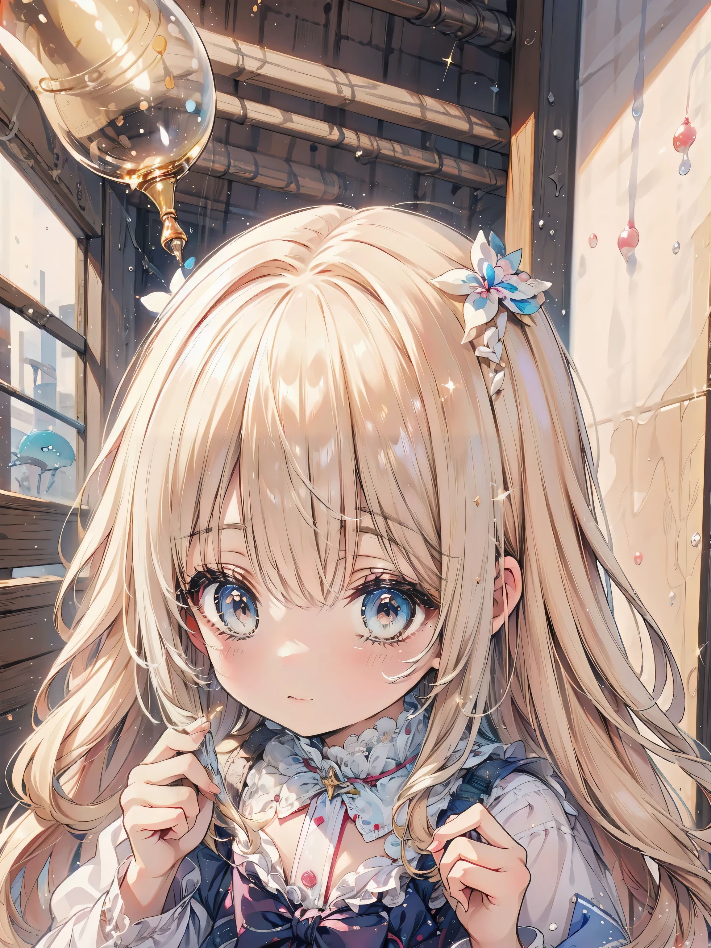 Dots are、明るいピンクの頬、she has golden blonde hair with wavy bangs.、she'dark-skinned girl, she is wearing a bright red headband with a ribbon on the right side of her head.. Dots are、she wears a shiny pastel blue and scarlet red dress with a small ribbon belt around her waist。, white collar, 4 crimson buttons, Bright red lining. sheのドレスの下には赤と淡いブルーのチュールスカートがある.. she also、Red top with white socks、she is wearing carnation pink high-top sneakers with bright red shoelaces, Shine; glitter, (NSFW:1.5), (1girl), (flat chest:1.2),