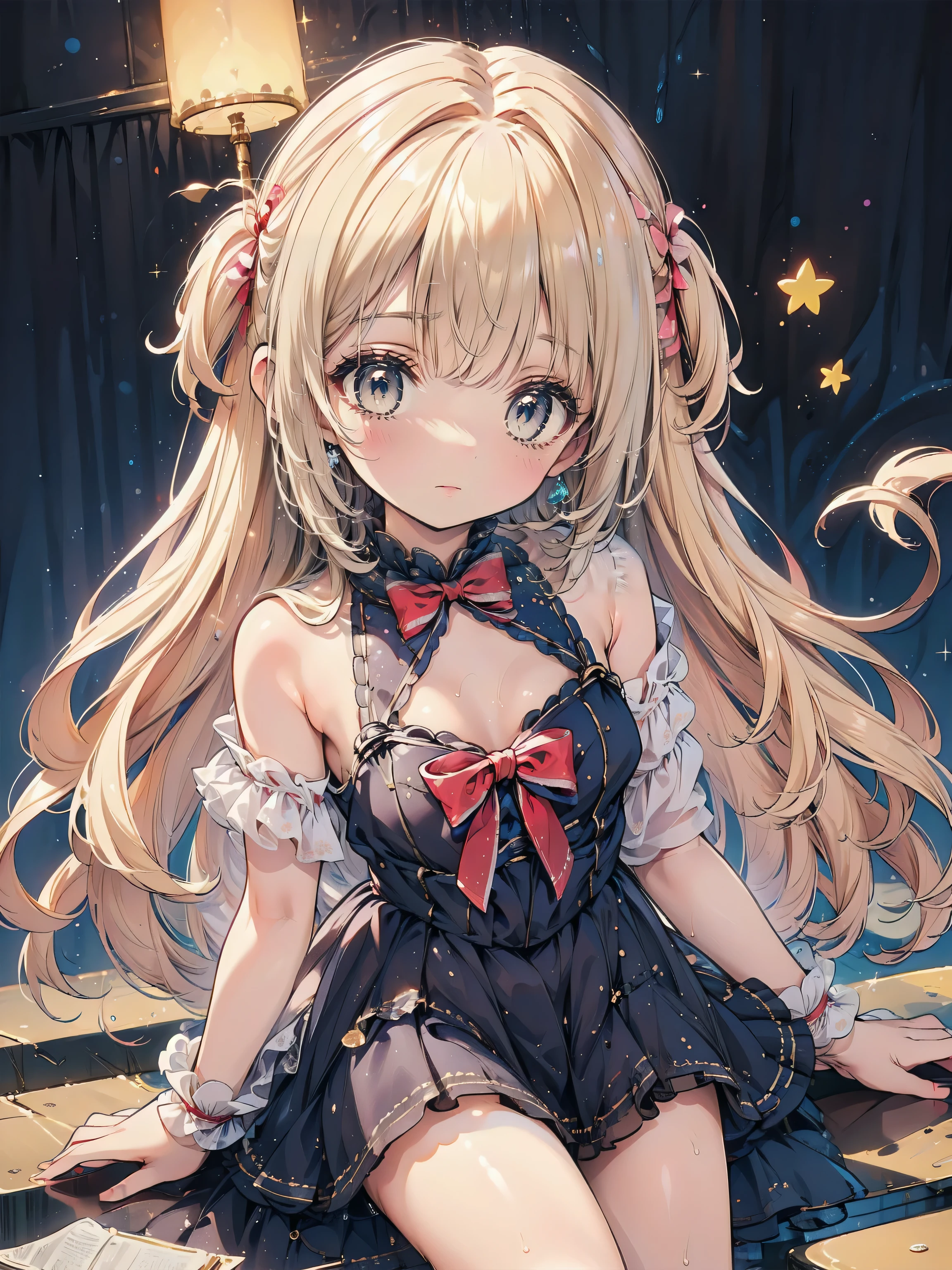 Dots are、明るいピンクの頬、she has golden blonde hair with wavy bangs.、she'dark-skinned girl, she is wearing a bright red headband with a ribbon on the right side of her head.. Dots are、she wears a shiny pastel blue and scarlet red dress with a small ribbon belt around her waist。, white collar, 4 crimson buttons, Bright red lining. sheのドレスの下には赤と淡いブルーのチュールスカートがある.. she also、Red top with white socks、she is wearing carnation pink high-top sneakers with bright red shoelaces, Shine; glitter, (NSFW:1.5), (1girl), (flat chest:1.2),