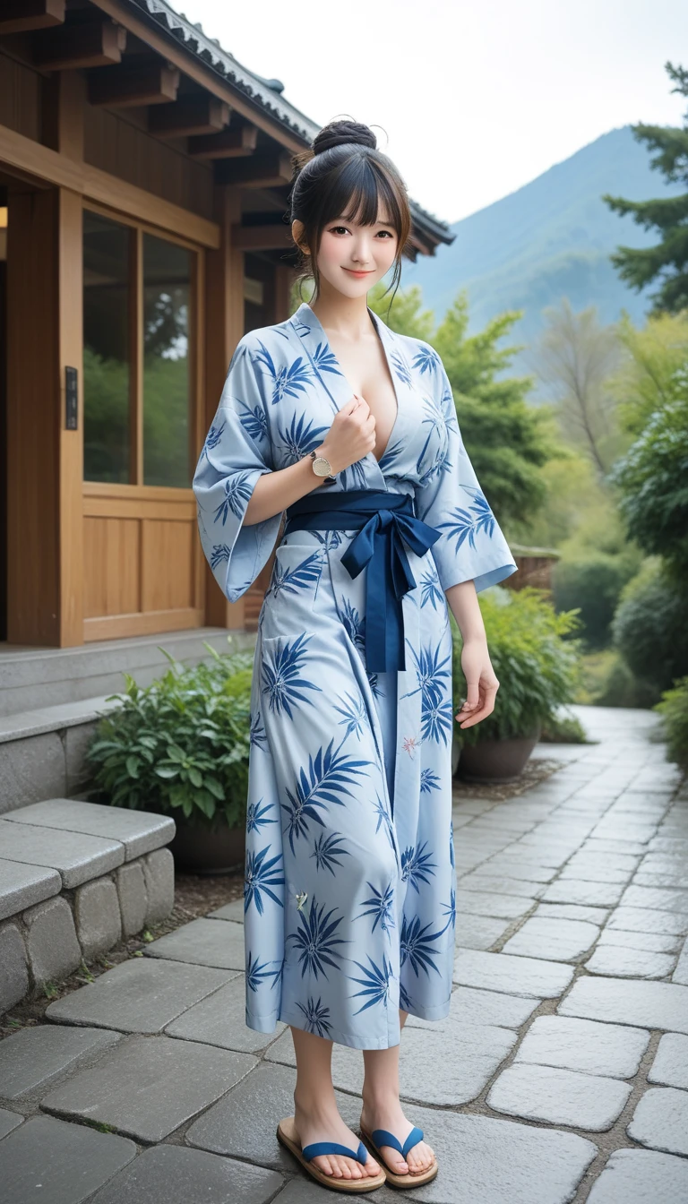 "A masterpiece depiction of a voluptuous and sensuous mature AI woman, marked as number 4 in a series, visiting a secluded hot spring in the mountains. She is enveloped in steam and clothed in a Japanese yukata, embodying the highest quality of tranquil and traditional hot spring essence, with the AI woman radiating serene composure in a picturesque natural setting."