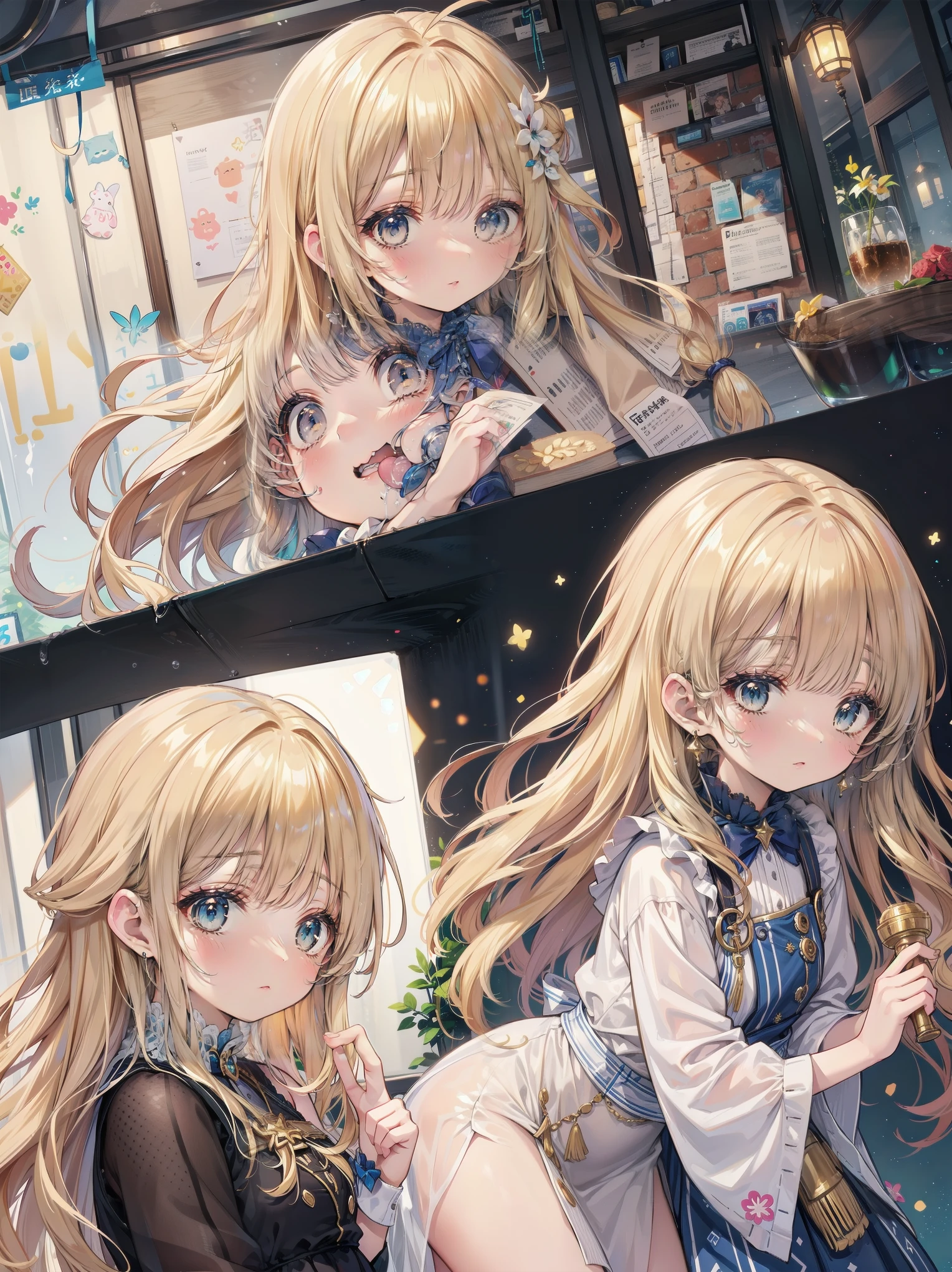 Dots are、明るいピンクの頬、she has golden blonde hair with wavy bangs.、she'dark-skinned girl, she is wearing a bright red headband with a ribbon on the right side of her head.. Dots are、she wears a shiny pastel blue and scarlet red dress with a small ribbon belt around her waist。, white collar, 4 crimson buttons, Bright red lining. sheのドレスの下には赤と淡いブルーのチュールスカートがある.. she also、Red top with white socks、she is wearing carnation pink high-top sneakers with bright red shoelaces, Shine; glitter, (NSFW:1.4), (1girl), (flat chest:1.2),