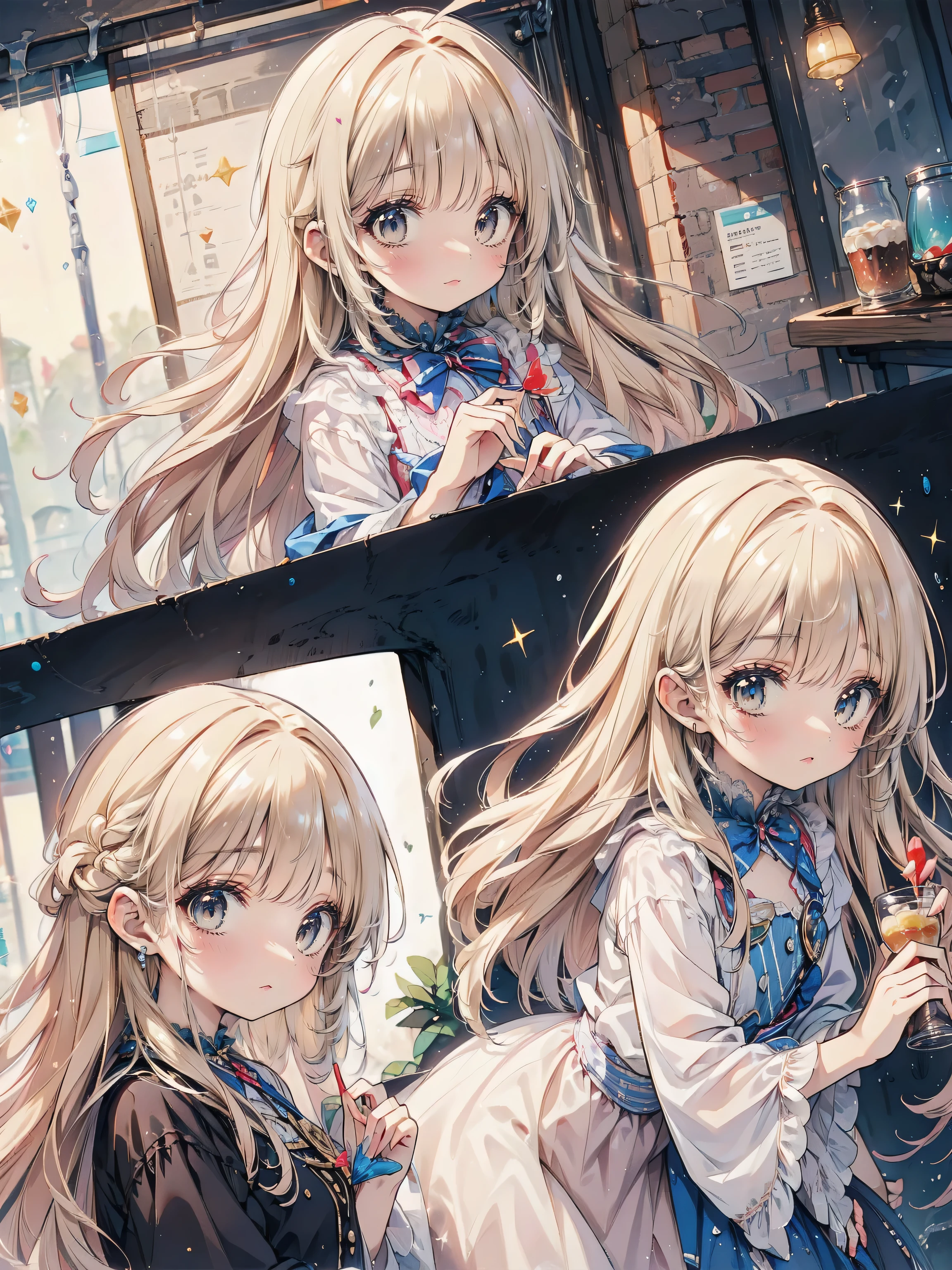 Dots are、明るいピンクの頬、she has golden blonde hair with wavy bangs.、she'dark-skinned girl, she is wearing a bright red headband with a ribbon on the right side of her head.. Dots are、she wears a shiny pastel blue and scarlet red dress with a small ribbon belt around her waist。, white collar, 4 crimson buttons, Bright red lining. sheのドレスの下には赤と淡いブルーのチュールスカートがある.. she also、Red top with white socks、she is wearing carnation pink high-top sneakers with bright red shoelaces, Shine; glitter, (NSFW:1.4), (1girl), (flat chest:1.2),