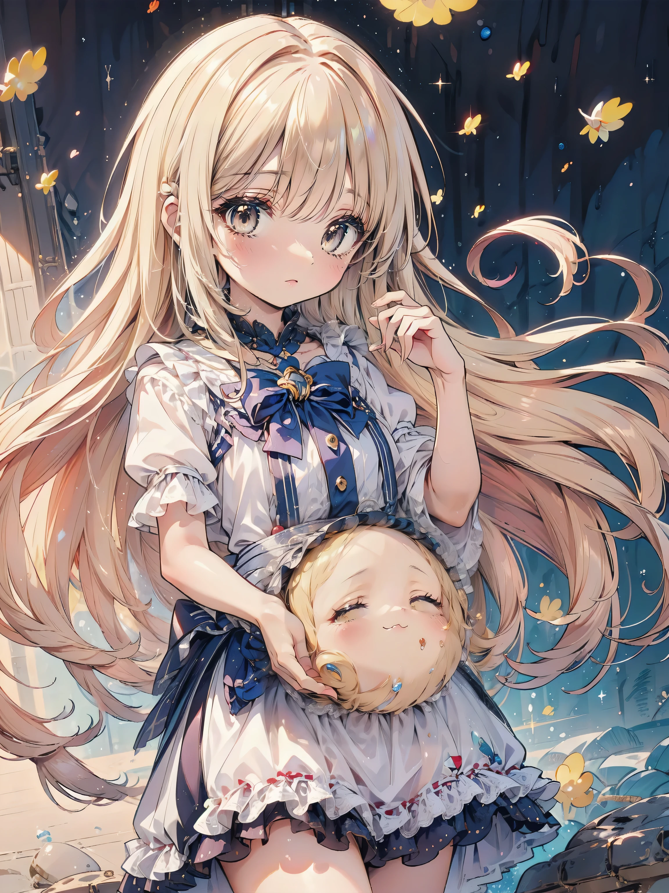 Dots are、明るいピンクの頬、she has golden blonde hair with wavy bangs.、she'dark-skinned girl, she is wearing a bright red headband with a ribbon on the right side of her head.. Dots are、she wears a shiny pastel blue and scarlet red dress with a small ribbon belt around her waist。, white collar, 4 crimson buttons, Bright red lining. sheのドレスの下には赤と淡いブルーのチュールスカートがある.. she also、Red top with white socks、she is wearing carnation pink high-top sneakers with bright red shoelaces, Shine; glitter, (NSFW:1.4), (1girl), (flat chest:1.2),