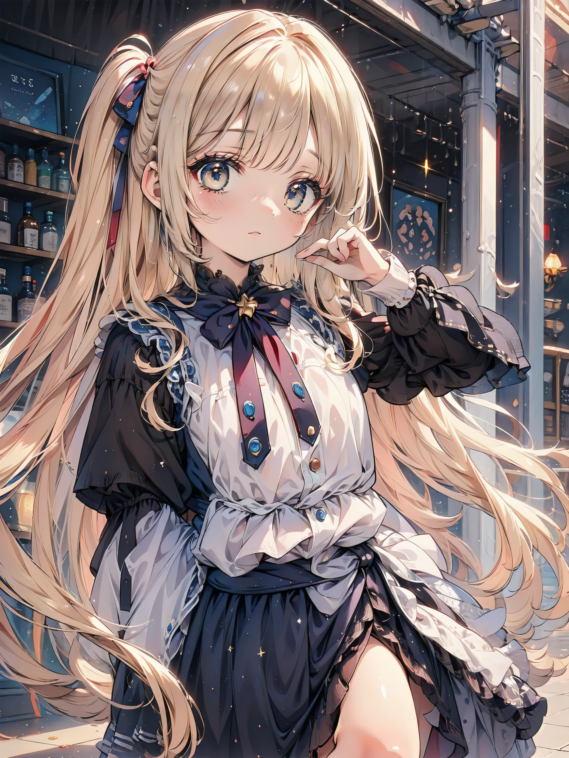 Dots are、明るいピンクの頬、she has golden blonde hair with wavy bangs.、she'dark-skinned girl, she is wearing a bright red headband with a ribbon on the right side of her head.. Dots are、she wears a shiny pastel blue and scarlet red dress with a small ribbon belt around her waist。, white collar, 4 crimson buttons, Bright red lining. sheのドレスの下には赤と淡いブルーのチュールスカートがある.. she also、Red top with white socks、she is wearing carnation pink high-top sneakers with bright red shoelaces, Shine; glitter, (:1.4), (1girl), (flat :1.2),