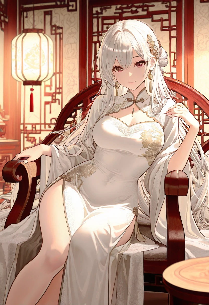 White long hair, dark skin, red eyes, big breasts, gold headdress, gold jewelry, gold necklace, gems, diamond cleavage, white Persian clothing, sandals, palace, sitting on the sofa, white roses