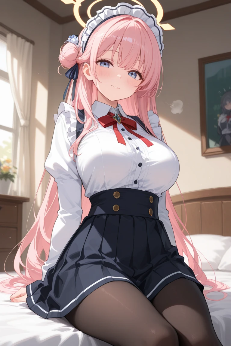 ,Open mouth, A MILF, saggy breasts,wide hips,on bed,,pink hair,long hair,blush,white sweater,skirt,milf,sitting
