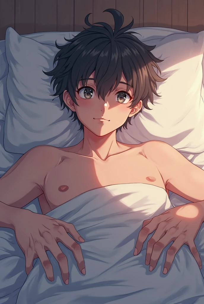 an anime-style male character lying on a bed without clothes with a very hard penis and the penis has to be drooling, And the character has to have a face that shows he's really horny