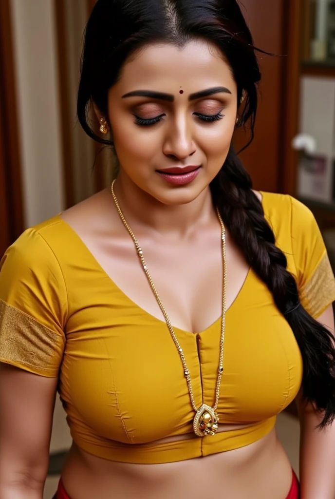 extreme close up photo of sexy indian, front view, curvy, sexy yellow saree, in kitchen, French braid hair, smile