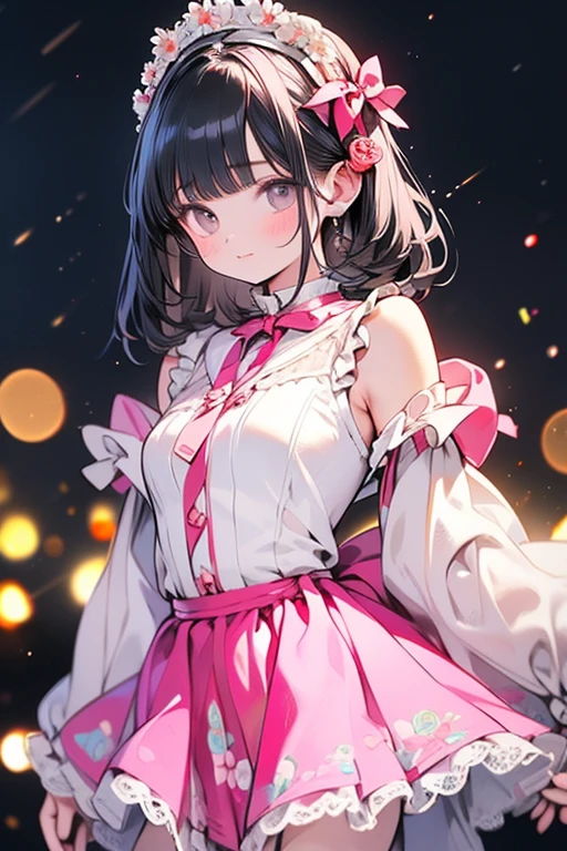 1girl, solo, azki, idol, idol clothes, pink dress, black dress, ribbon, white dress, (short hair:1.25), multicolored hair, two-tone hair, pink hair, black hair, purple eyes, singing, concert, stage, outdoors, dynamic pose, bare shoulders, thighhighs, smile, <lora:Azki_v2.0:0.7>