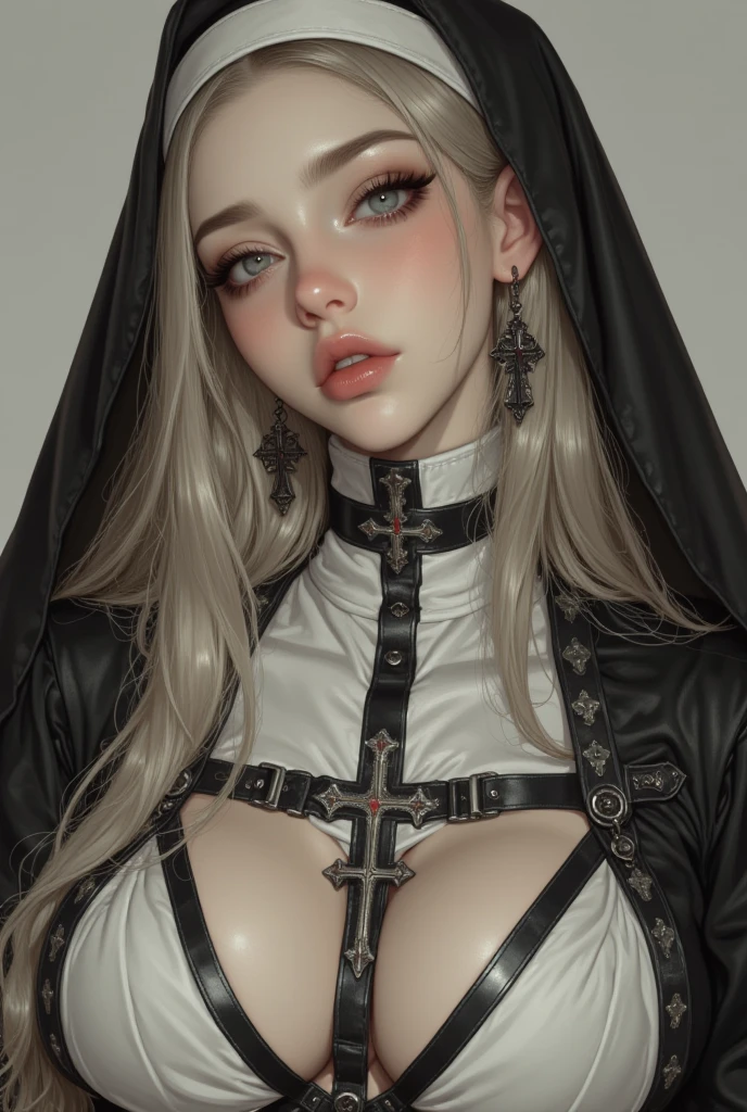 Under the black collar，It's a mash-up of a queen-like and sailor uniform。The sailor's uniform had only a collar，don't have clothes，The bow on the collar doesn't hide anything at all。The fat milk flesh of 38J is completely exposed to the air，Fortunately, the flesh-colored milk patch covers the kinky breast，However, the puncture on the nipple of the beauty goes directly through the nipple patch，Link with a heart-shaped nipple that squeezes the nipple into a heart-shaped shape，A 3cm platinum chain is attached to a crystal pendant in the shape of a skeleton five-pointed star under the nipple ring。Under fat milk，It is a leather skinny tunic with the same style as the 7-point hook finger sleeve of the hands，A black cross rope knot in the middle of the tunic，You can see the fair flesh of the crazy bitch，and colored umbilical nails that reflect light。