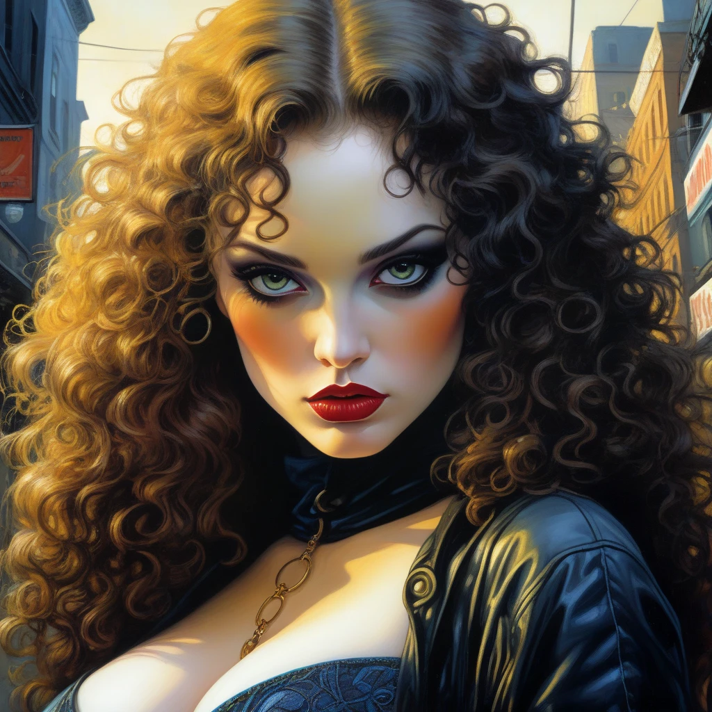 (1 lady, alone, curvy upper body, large) very beautiful, very sexy, close-up, experiments with appearance: long curly hair, light makeup, unconventional fashion choice behavior: punk, non-conformity, location of provocation: demon eyes, urban art district、 (art inspired by Bill Sienkiewicz, intricate details, oil painting).
 (best quality,4k,8k,highres,masterpiece:1.2),ultra-detailed,(realistic,photorealistic,photo-realistic:1.37),intricate details,vivid colors,sharp focus,professional,Dave McKean artwork, oil touch of surrealism,oil painting style
