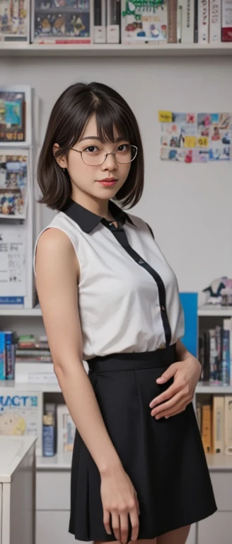 (masterpiece), (8k, best quality, high resolution), (ultra-detailed, realistic), (anatomically correct),  
((from head to thighs)), (Standing), (No background),
(1woman),  (looking at viewer), ((pull the dress up to the navel)), (To show the navel), 
(A Japanese woman, 30 years old and 155cm tall), 
(black hair), (straight hair), (short hair style), ((bob cut)), (hair behind ears), 
(wear glasses), ((black cell frame glasses)), 
((Wear a navy blue spaghetti strap dress)), ((Mini length dress with a simple design and minimal decoration)), 
(wear panties), ((white panties)), 
(Create a detailed image of the eye), 
(Her impression is pure, clean and kind.), 
((A captivating smile, just showing a few teeth.)), 　 
